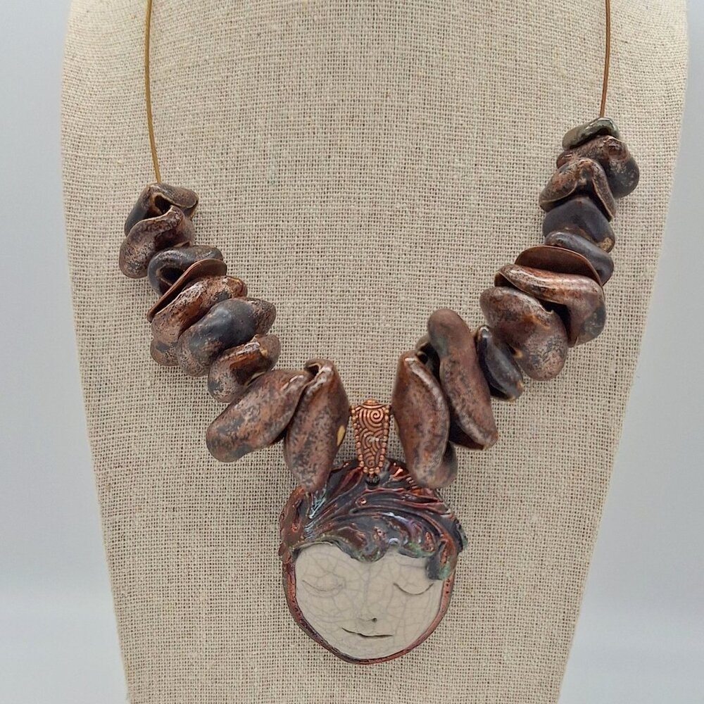 Marcia Merrins Signed Raku Face Bronze Pendant Whimsical Necklace Wearable Art - Picture 2 of 14